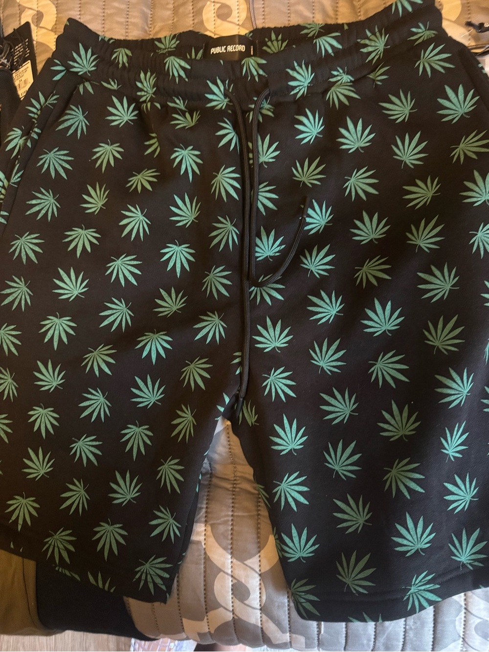 Public Record Black Shorts with Green Leaf Print